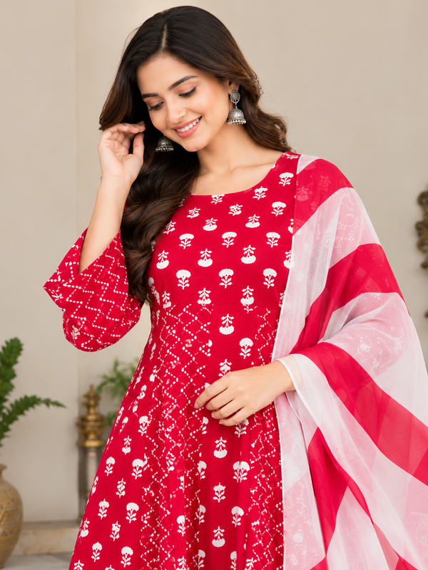 Red Floral & Zigzag Print Cotton Blend Anarkali Suit Set With Dupatta
