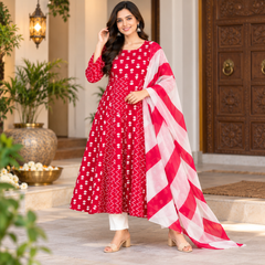 Red Floral & Zigzag Print Cotton Blend Anarkali Suit Set With Dupatta