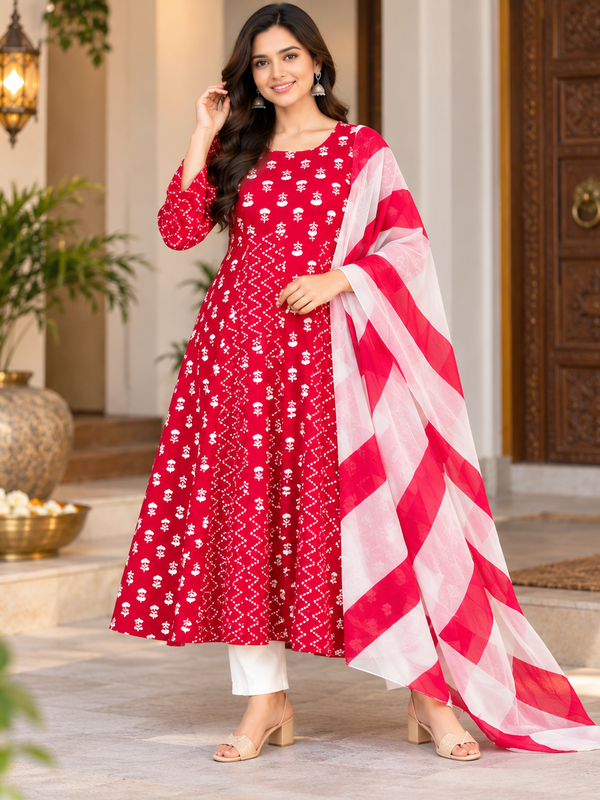 Red Floral & Zigzag Print Cotton Blend Anarkali Suit Set With Dupatta