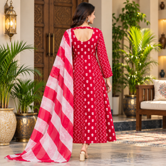 Red Floral & Zigzag Print Cotton Blend Anarkali Suit Set With Dupatta