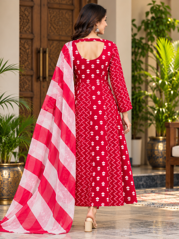 Red Floral & Zigzag Print Cotton Blend Anarkali Suit Set With Dupatta