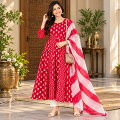 Red Floral & Zigzag Print Cotton Blend Anarkali Suit Set With Dupatta