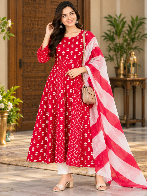 Red Floral & Zigzag Print Cotton Blend Anarkali Suit Set With Dupatta