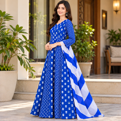 Royal Blue Floral & Zigzag Print Cotton Blend Anarkali Suit Set With Dupatta