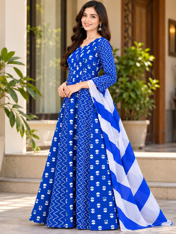 Royal Blue Floral & Zigzag Print Cotton Blend Anarkali Suit Set With Dupatta