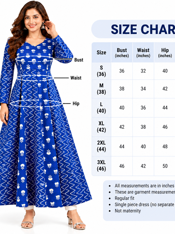 Royal Blue Floral & Zigzag Print Cotton Blend Anarkali Suit Set With Dupatta