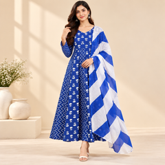 Royal Blue Floral & Zigzag Print Cotton Blend Anarkali Suit Set With Dupatta