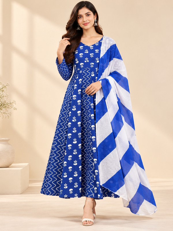 Royal Blue Floral & Zigzag Print Cotton Blend Anarkali Suit Set With Dupatta