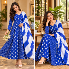 Royal Blue Floral & Zigzag Print Cotton Blend Anarkali Suit Set With Dupatta