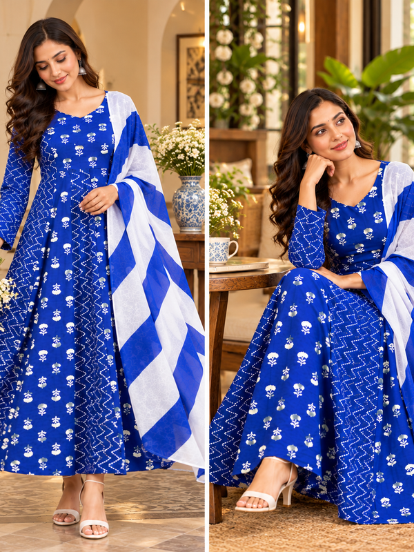Royal Blue Floral & Zigzag Print Cotton Blend Anarkali Suit Set With Dupatta