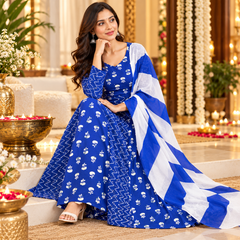 Royal Blue Floral & Zigzag Print Cotton Blend Anarkali Suit Set With Dupatta