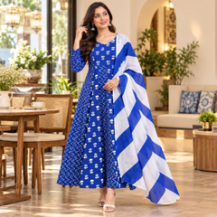 Royal Blue Floral & Zigzag Print Cotton Blend Anarkali Suit Set With Dupatta