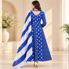 Royal Blue Floral & Zigzag Print Cotton Blend Anarkali Suit Set With Dupatta