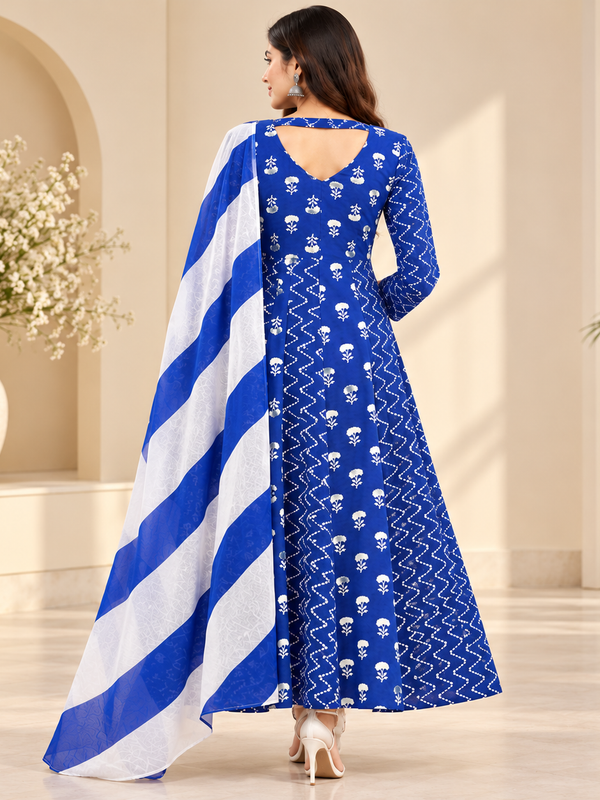Royal Blue Floral & Zigzag Print Cotton Blend Anarkali Suit Set With Dupatta