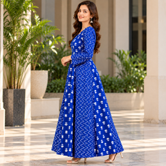 Royal Blue Floral & Zigzag Print Cotton Blend Anarkali Suit Set Without Dupatta