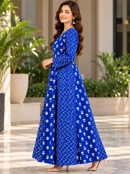 Royal Blue Floral & Zigzag Print Cotton Blend Anarkali Suit Set Without Dupatta