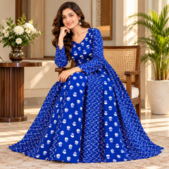 Royal Blue Floral & Zigzag Print Cotton Blend Anarkali Suit Set Without Dupatta