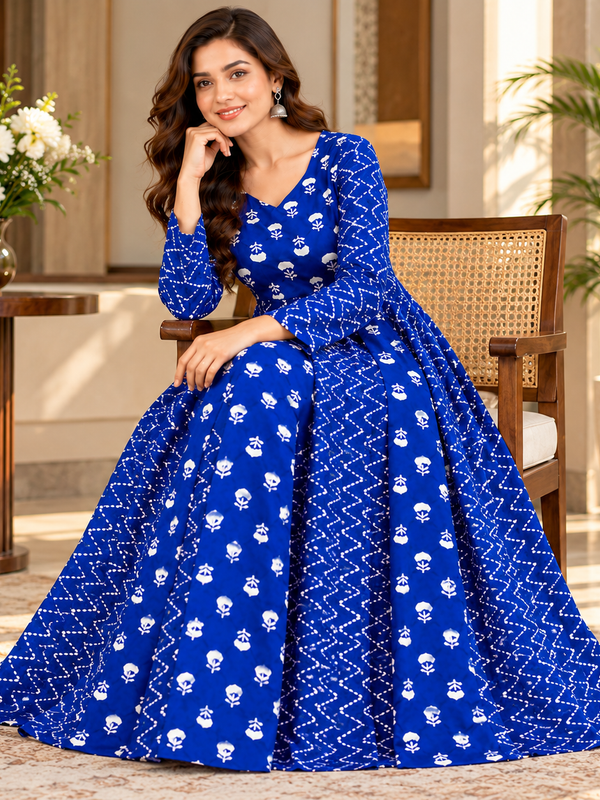 Royal Blue Floral & Zigzag Print Cotton Blend Anarkali Suit Set Without Dupatta