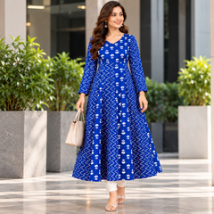 Royal Blue Floral & Zigzag Print Cotton Blend Anarkali Suit Set Without Dupatta