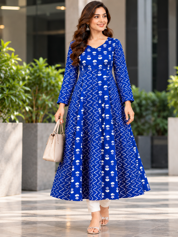 Royal Blue Floral & Zigzag Print Cotton Blend Anarkali Suit Set Without Dupatta