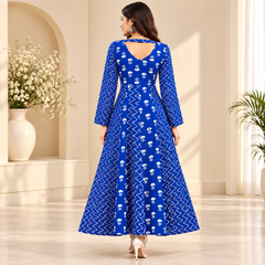 Royal Blue Floral & Zigzag Print Cotton Blend Anarkali Suit Set Without Dupatta