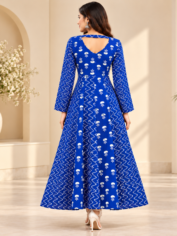 Royal Blue Floral & Zigzag Print Cotton Blend Anarkali Suit Set Without Dupatta