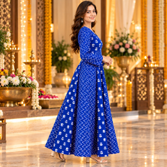 Royal Blue Floral & Zigzag Print Cotton Blend Anarkali Suit Set Without Dupatta