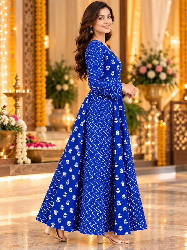 Royal Blue Floral & Zigzag Print Cotton Blend Anarkali Suit Set Without Dupatta