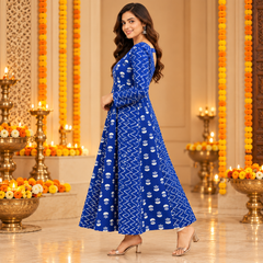 Royal Blue Floral & Zigzag Print Cotton Blend Anarkali Suit Set Without Dupatta