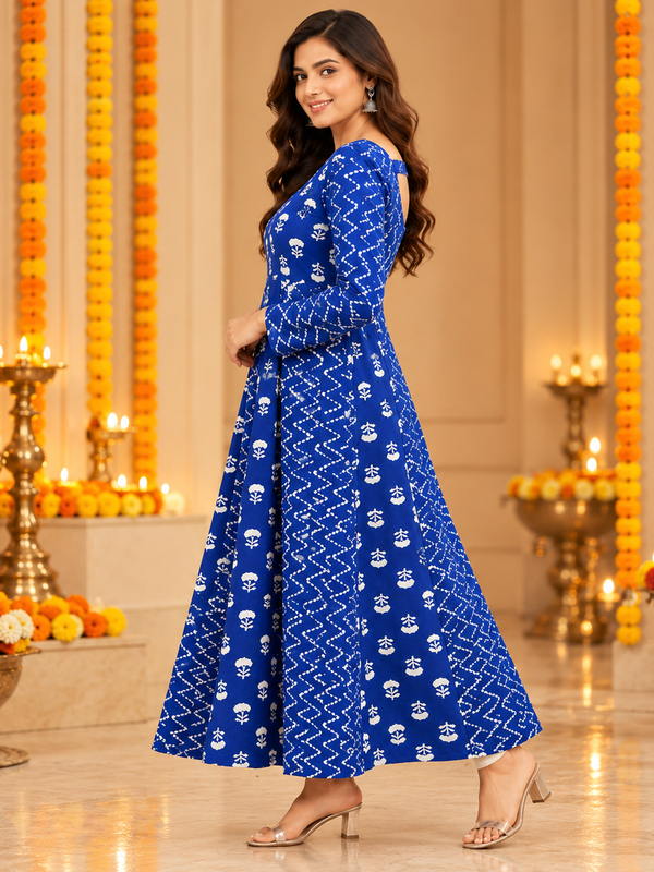 Royal Blue Floral & Zigzag Print Cotton Blend Anarkali Suit Set Without Dupatta