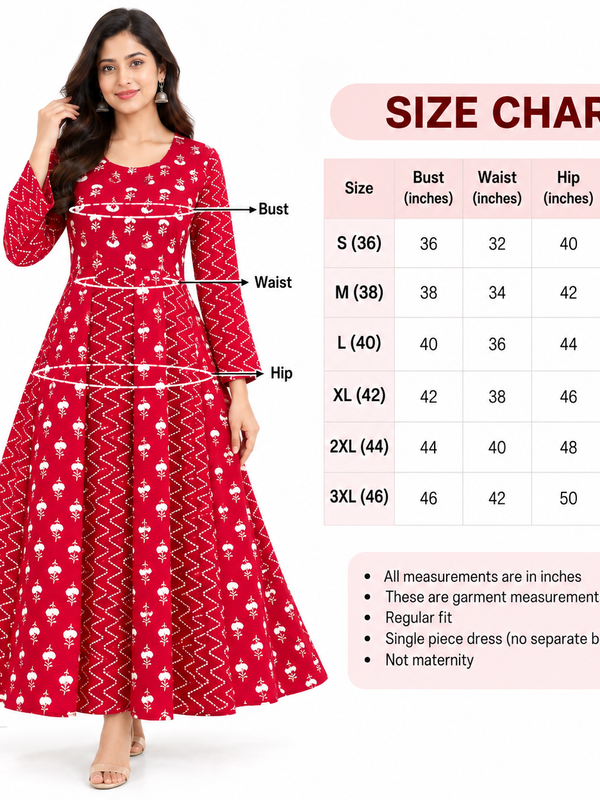 Red Floral & Zigzag Print Cotton Blend Anarkali Suit Set Without Dupatta