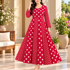 Red Floral & Zigzag Print Cotton Blend Anarkali Suit Set Without Dupatta