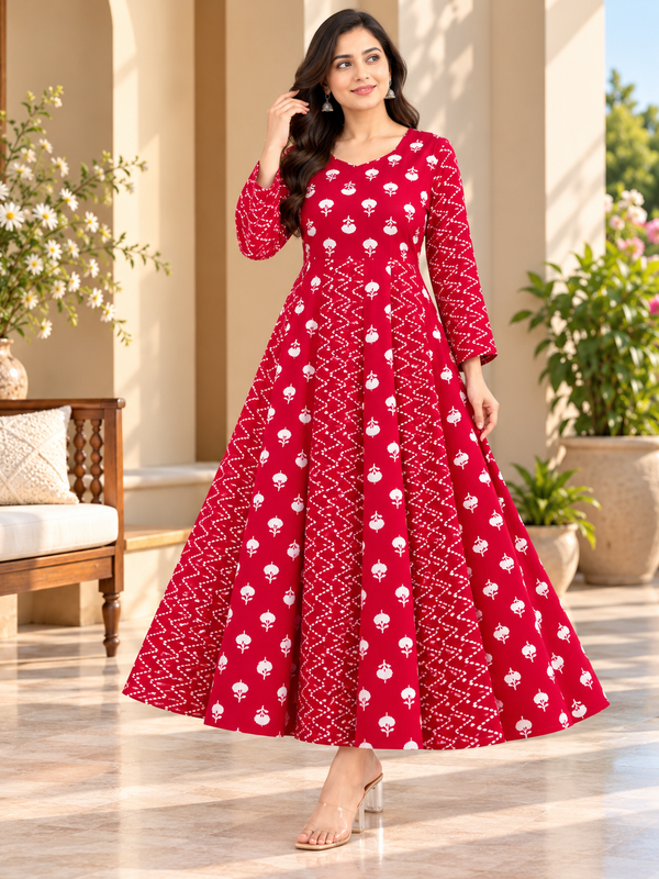 Red Floral & Zigzag Print Cotton Blend Anarkali Suit Set Without Dupatta
