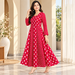 Red Floral & Zigzag Print Cotton Blend Anarkali Suit Set Without Dupatta