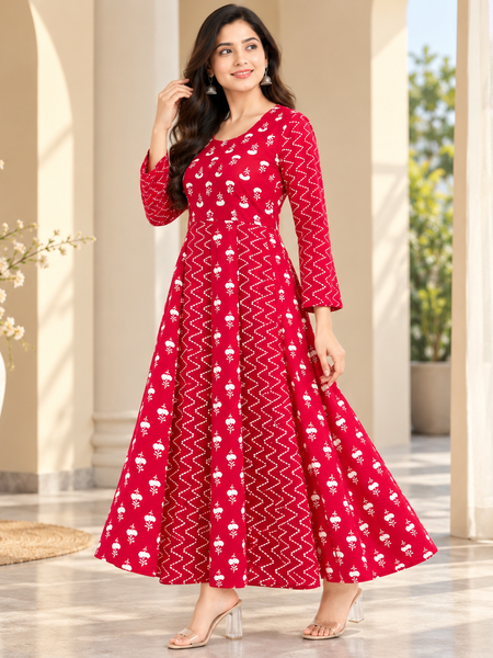 Red Floral & Zigzag Print Cotton Blend Anarkali Suit Set Without Dupatta