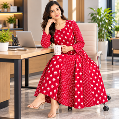 Red Floral & Zigzag Print Cotton Blend Anarkali Suit Set Without Dupatta