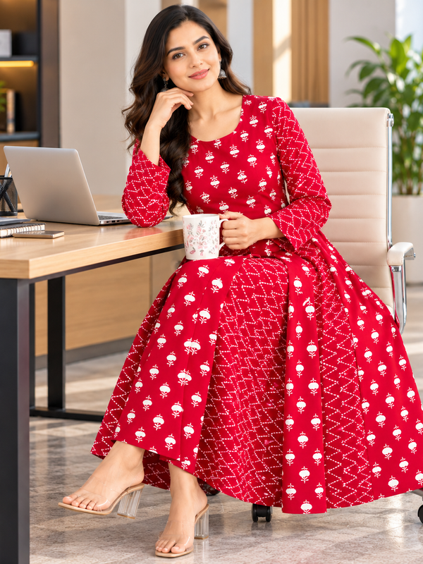 Red Floral & Zigzag Print Cotton Blend Anarkali Suit Set Without Dupatta