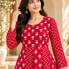 Red Floral & Zigzag Print Cotton Blend Anarkali Suit Set Without Dupatta