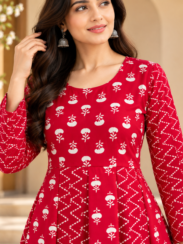 Red Floral & Zigzag Print Cotton Blend Anarkali Suit Set Without Dupatta