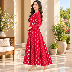 Red Floral & Zigzag Print Cotton Blend Anarkali Suit Set Without Dupatta