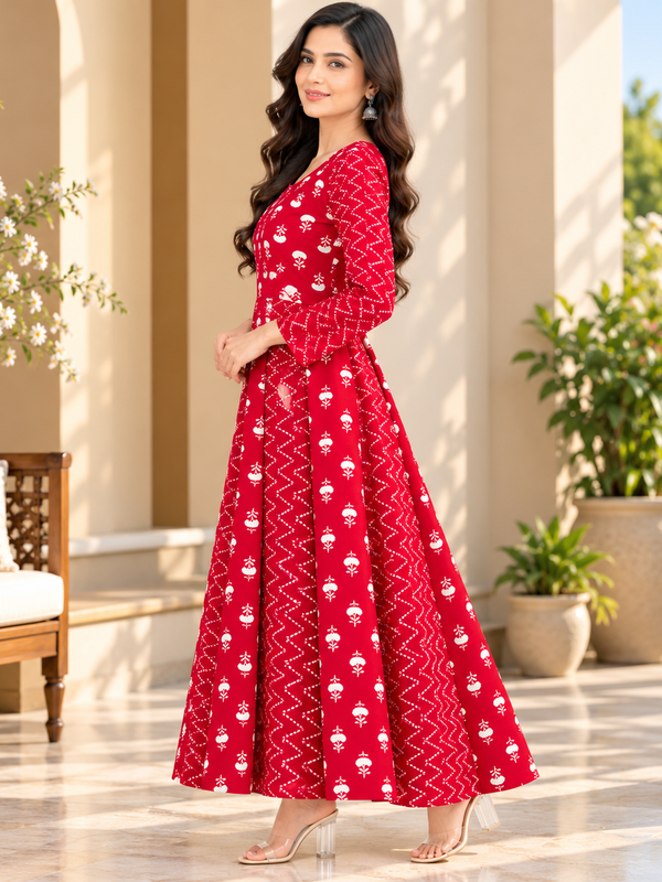 Red Floral & Zigzag Print Cotton Blend Anarkali Suit Set Without Dupatta