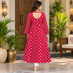 Red Floral & Zigzag Print Cotton Blend Anarkali Suit Set Without Dupatta