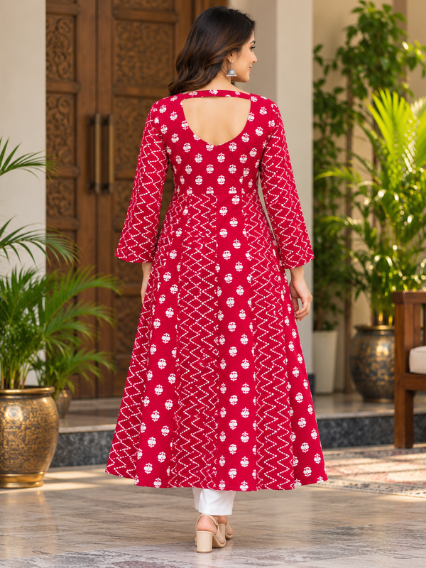 Red Floral & Zigzag Print Cotton Blend Anarkali Suit Set Without Dupatta