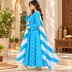 Sky Blue Floral & Zigzag Print Cotton Blend Anarkali Suit Set With Dupatta
