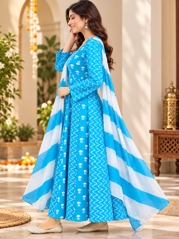Sky Blue Floral & Zigzag Print Cotton Blend Anarkali Suit Set With Dupatta