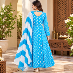 Sky Blue Floral & Zigzag Print Cotton Blend Anarkali Suit Set With Dupatta