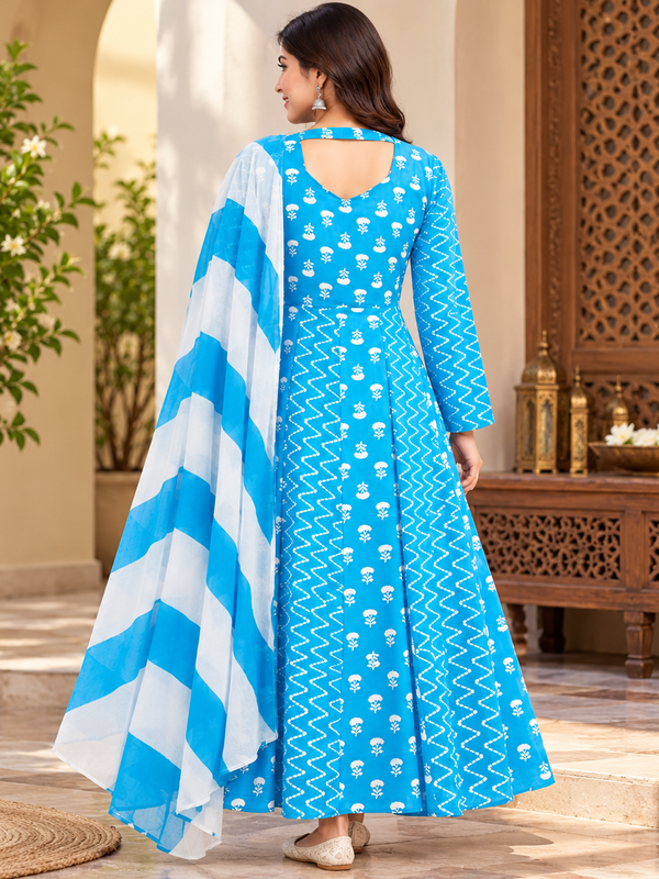 Sky Blue Floral & Zigzag Print Cotton Blend Anarkali Suit Set With Dupatta