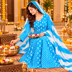 Sky Blue Floral & Zigzag Print Cotton Blend Anarkali Suit Set With Dupatta