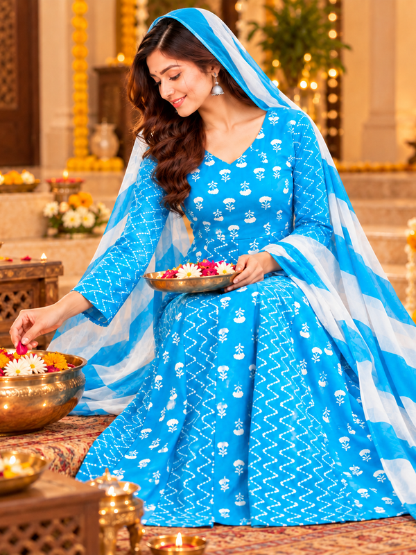 Sky Blue Floral & Zigzag Print Cotton Blend Anarkali Suit Set With Dupatta