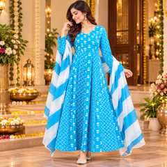 Sky Blue Floral & Zigzag Print Cotton Blend Anarkali Suit Set With Dupatta
